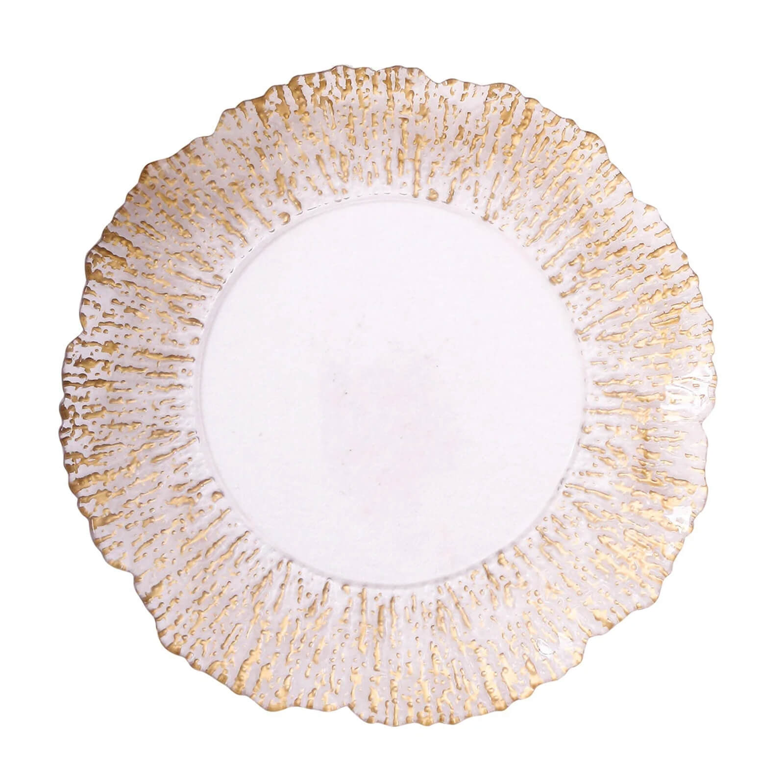6-Pack Plastic Charger Plates 12", Round Clear with Gold Brushed Scalloped Reef Rim - Decorative Dinner Party Serving Plates