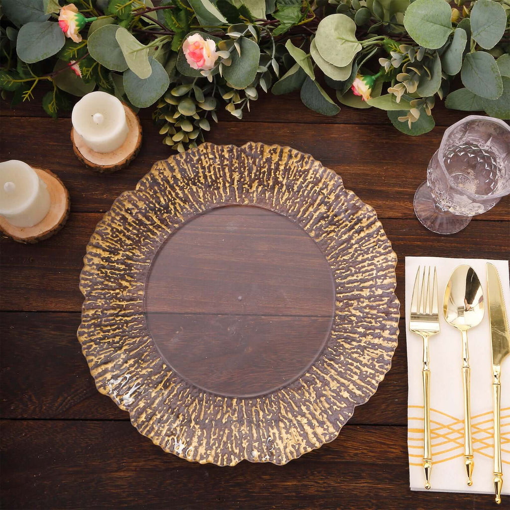 6-Pack Plastic Charger Plates 12", Round Clear with Gold Brushed Scalloped Reef Rim - Decorative Dinner Party Serving Plates