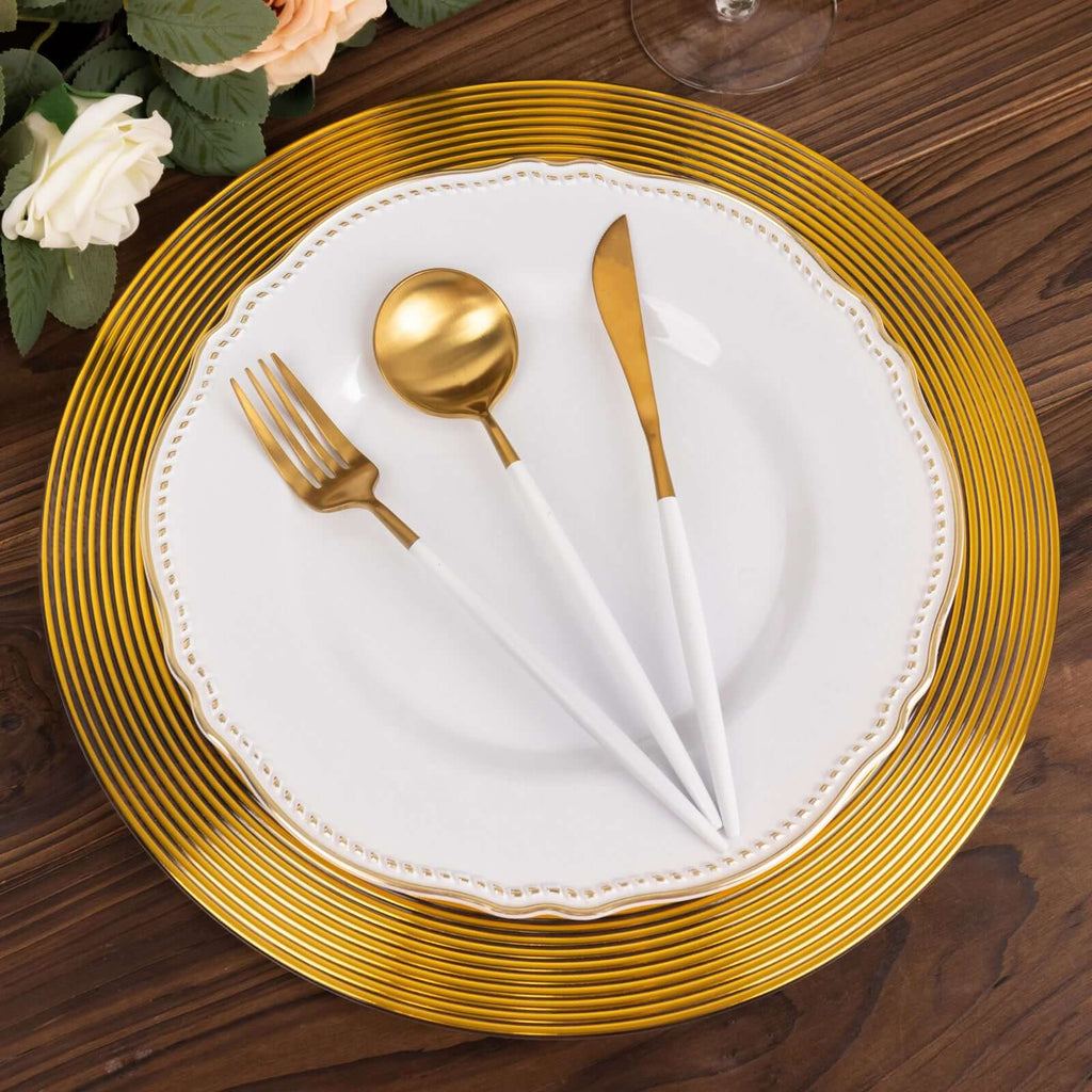 6-Pack Plastic Charger Plates 13" Round Clear with Gold Lined Ring Rim - Classy Dinner Serving Plates