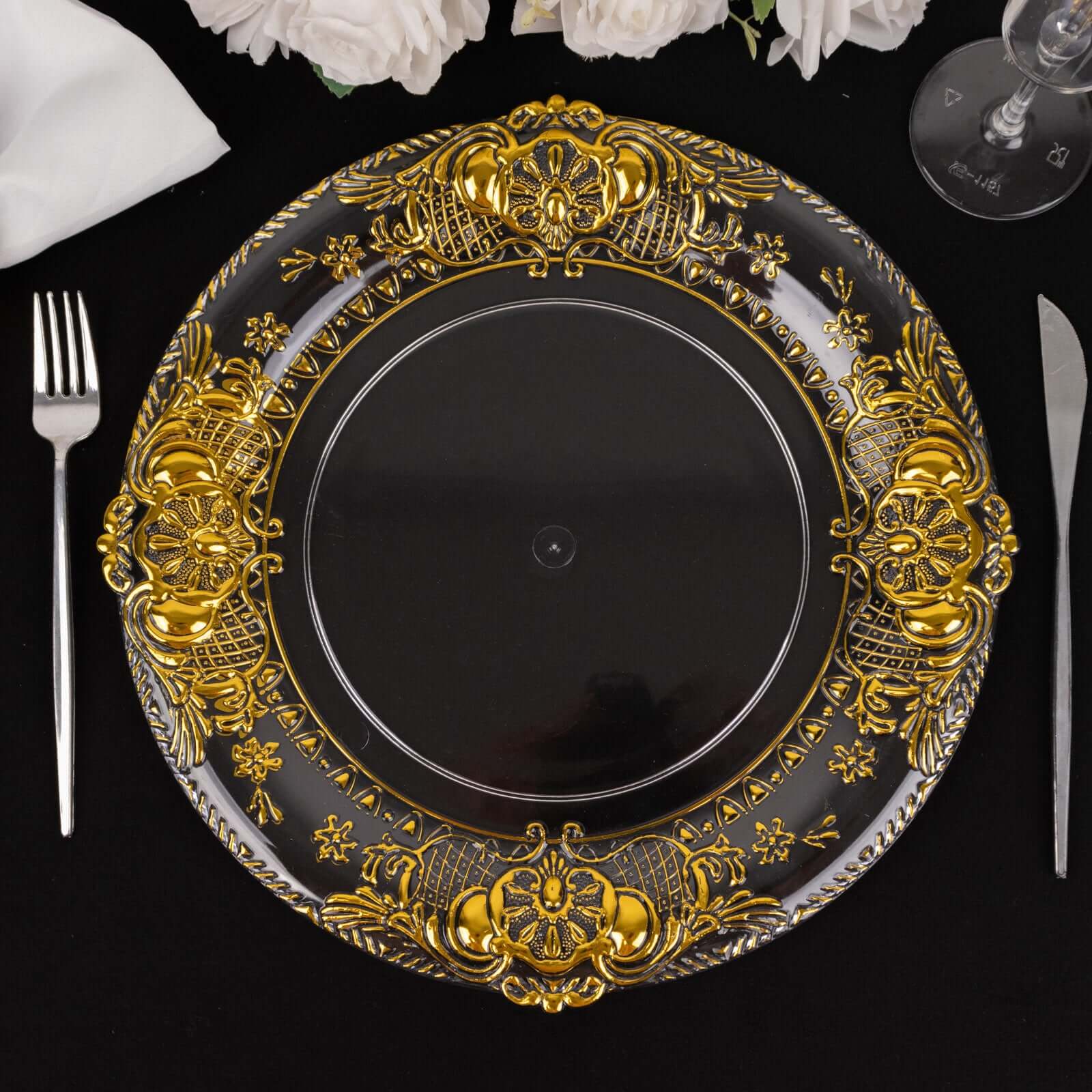 6-Pack Plastic Charger Plates 13" Round Clear with Gold Florentine Embossed Rim - Exquisite Dinner Serving Plates