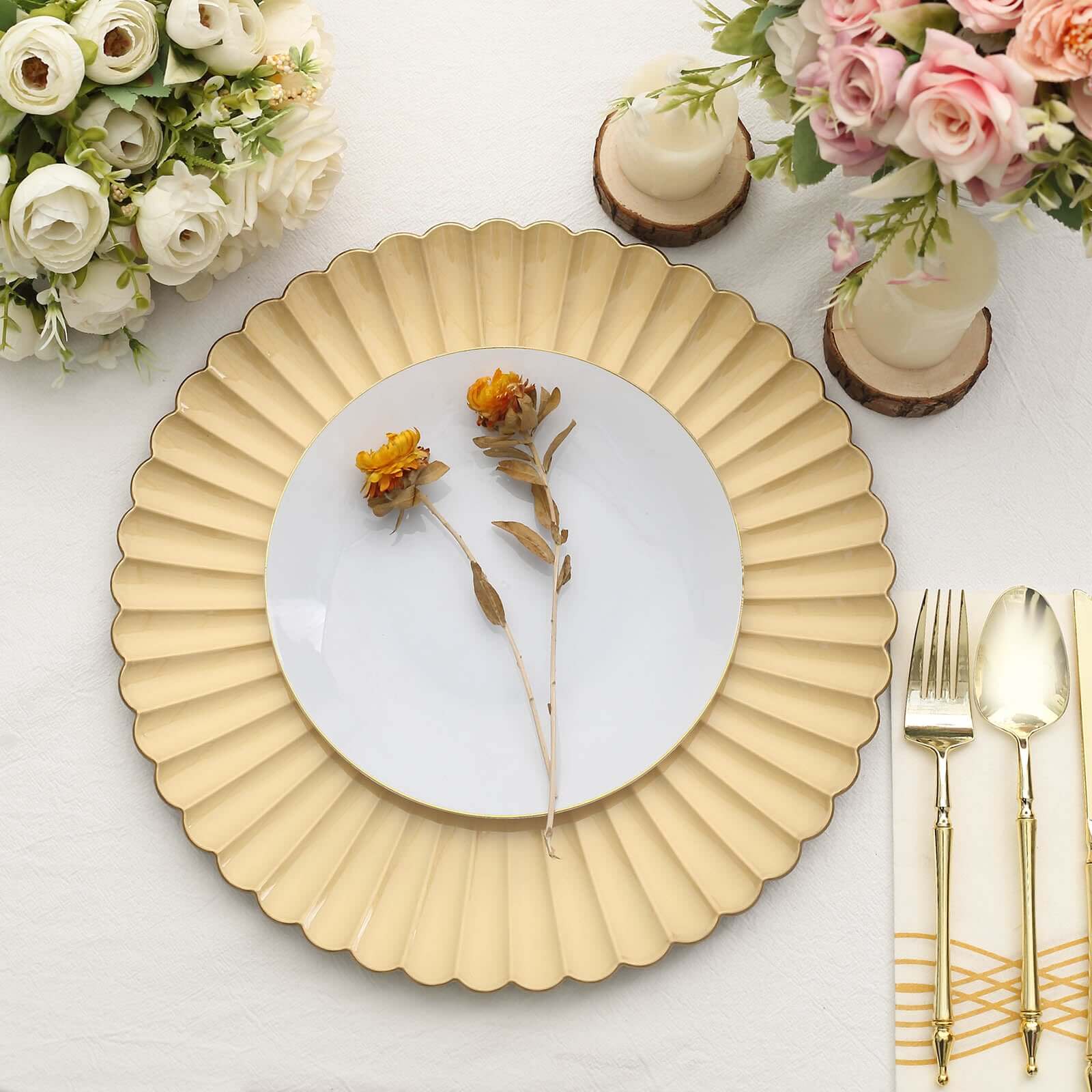 6-Pack Plastic Charger Plates 13" Round Gold with Scalloped Shell Pattern - Coastal Inspired Disposable Charger Tableware