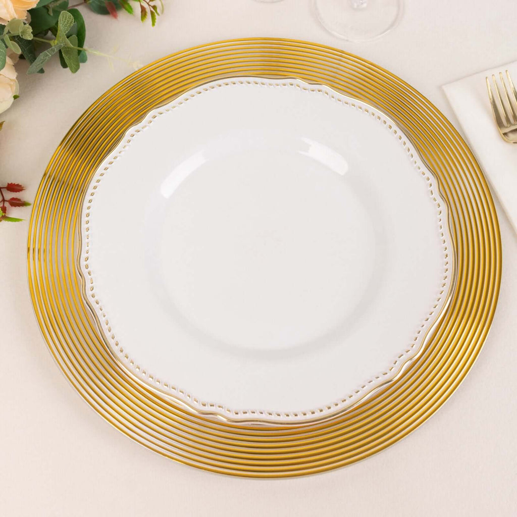 6-Pack Plastic Charger Plates 13" Round Clear with Gold Lined Ring Rim - Classy Dinner Serving Plates