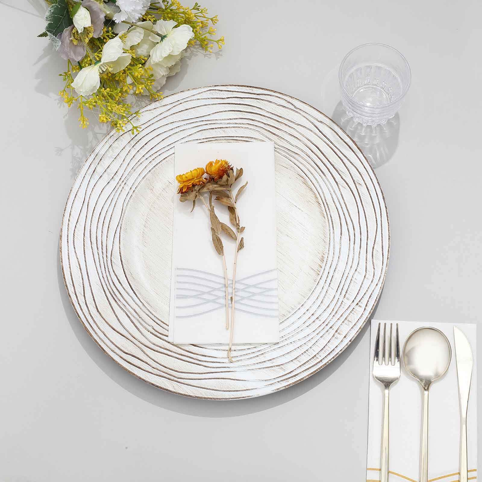 6-Pack Faux Wood Charger Plates 13" Round White Washed Rose Embossed Rim - Disposable Plastic Charger Tableware