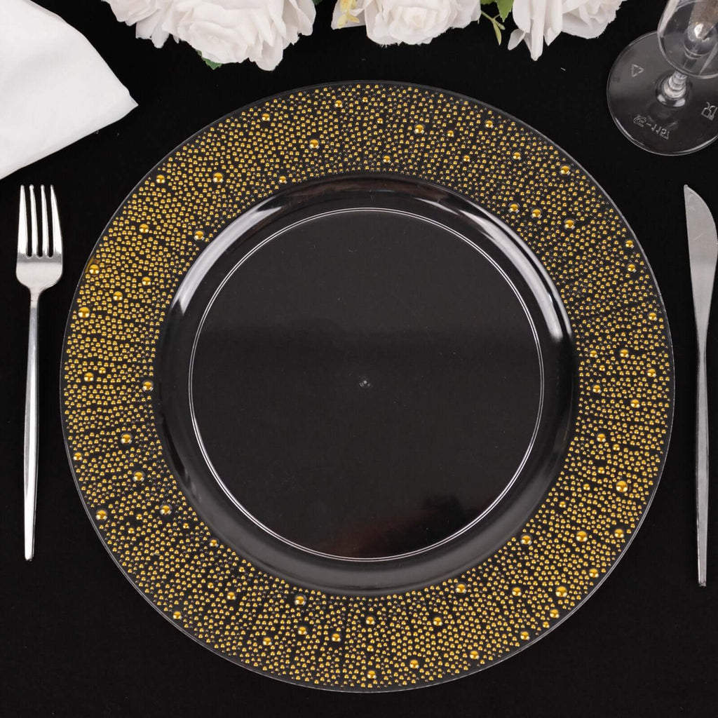 6-Pack Plastic Charger Plates 13" Round Clear with Gold Pearl Beaded Rim - Upscale Dinner Serving Plates
