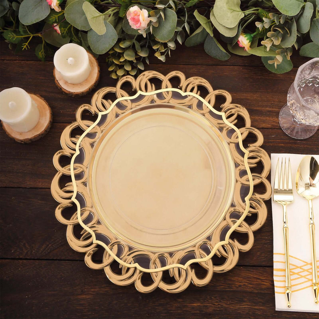 6-Pack Plastic Charger Plates 13" Round Gold with Entwined Swirl Rim - Plastic Disposable Decorative Chargers