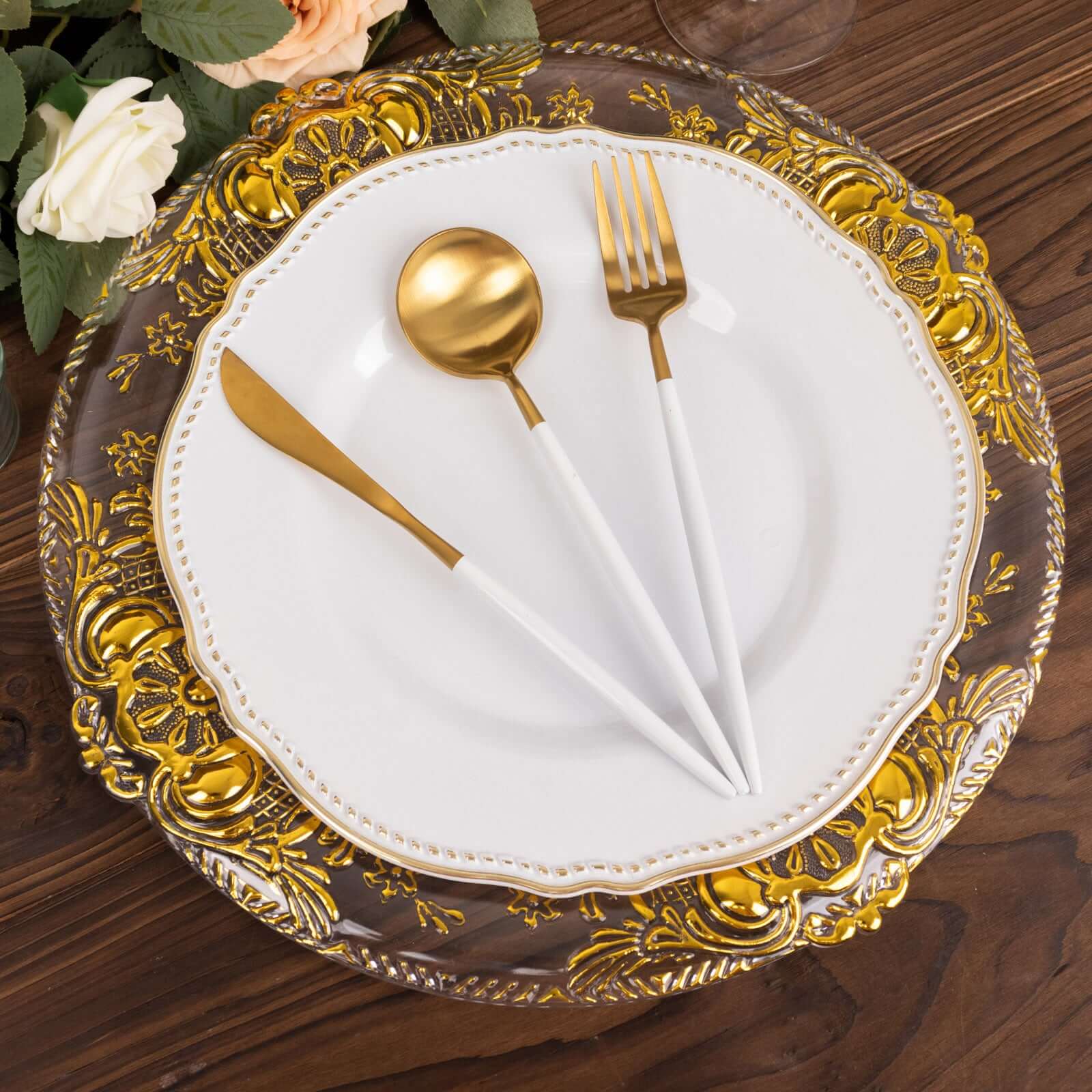 6-Pack Plastic Charger Plates 13" Round Clear with Gold Florentine Embossed Rim - Exquisite Dinner Serving Plates