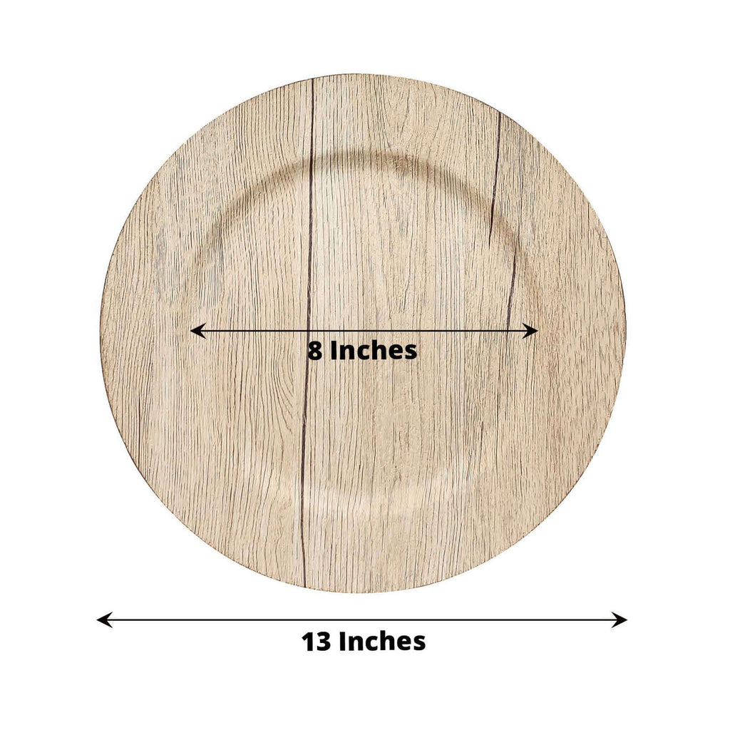 6-Pack Plastic Charger Plates 13" Round Natural with Faux Wood Finish - Rustic Boho Chic Dinner Party Charger Tableware