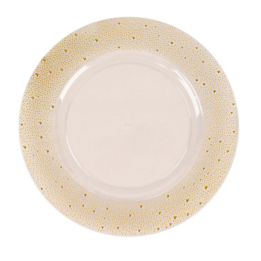 6-Pack Plastic Charger Plates 13" Round Clear with Gold Pearl Beaded Rim - Upscale Dinner Serving Plates