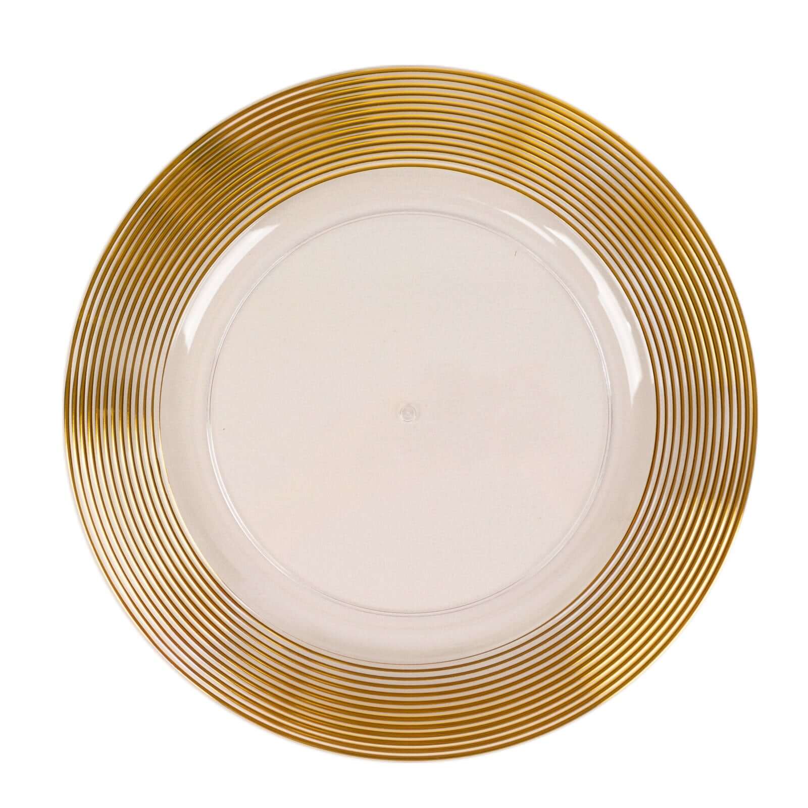 6-Pack Plastic Charger Plates 13" Round Clear with Gold Lined Ring Rim - Classy Dinner Serving Plates