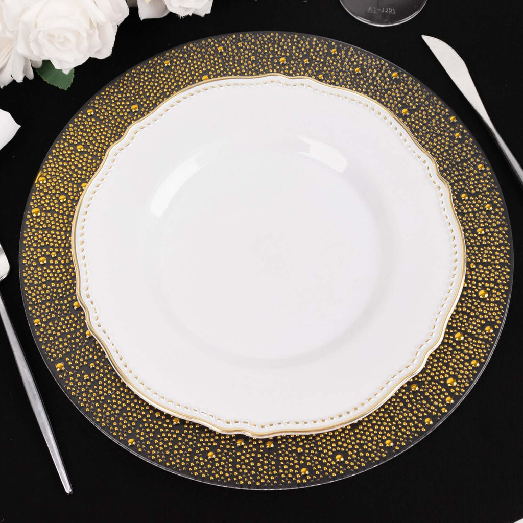 6-Pack Plastic Charger Plates 13" Round Clear with Gold Pearl Beaded Rim - Upscale Dinner Serving Plates