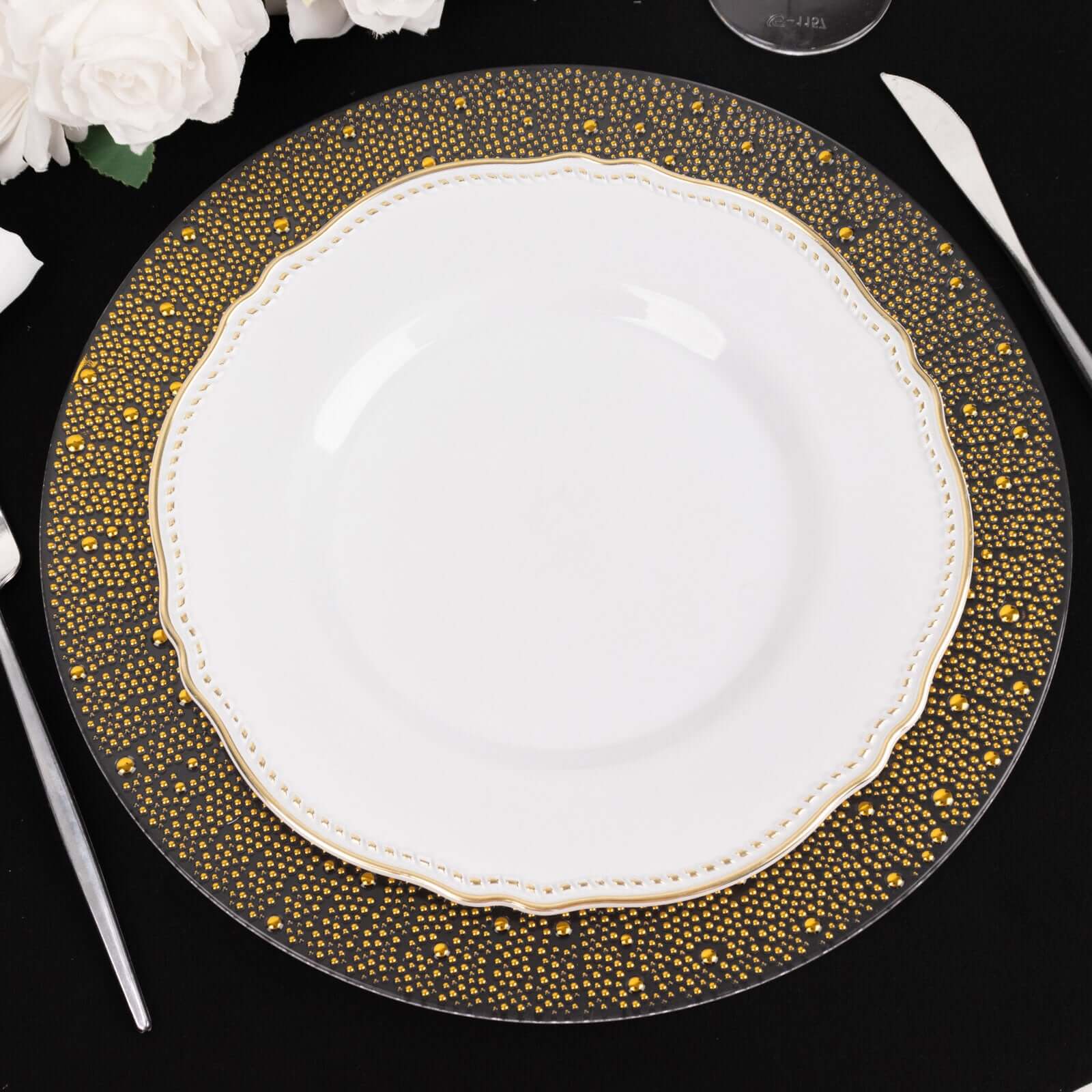 6-Pack Plastic Charger Plates 13" Round Clear with Gold Pearl Beaded Rim - Upscale Dinner Serving Plates